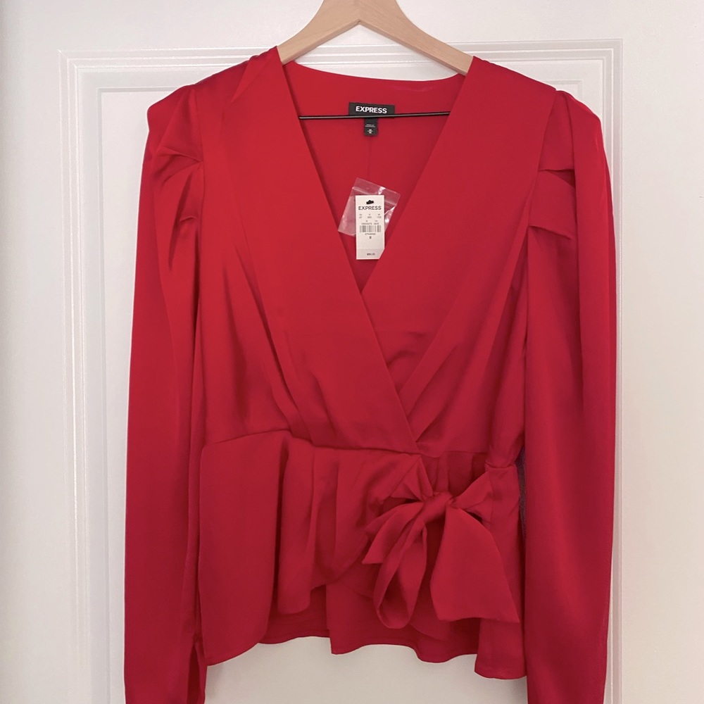 Satin Pleaded Sleeve Wrap Front Bow Top
